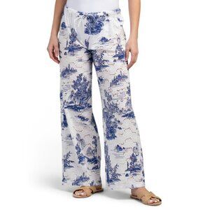 COLOURBROOKE Blue/White Smocked Waist Eyelet Toile Cover-up Pants